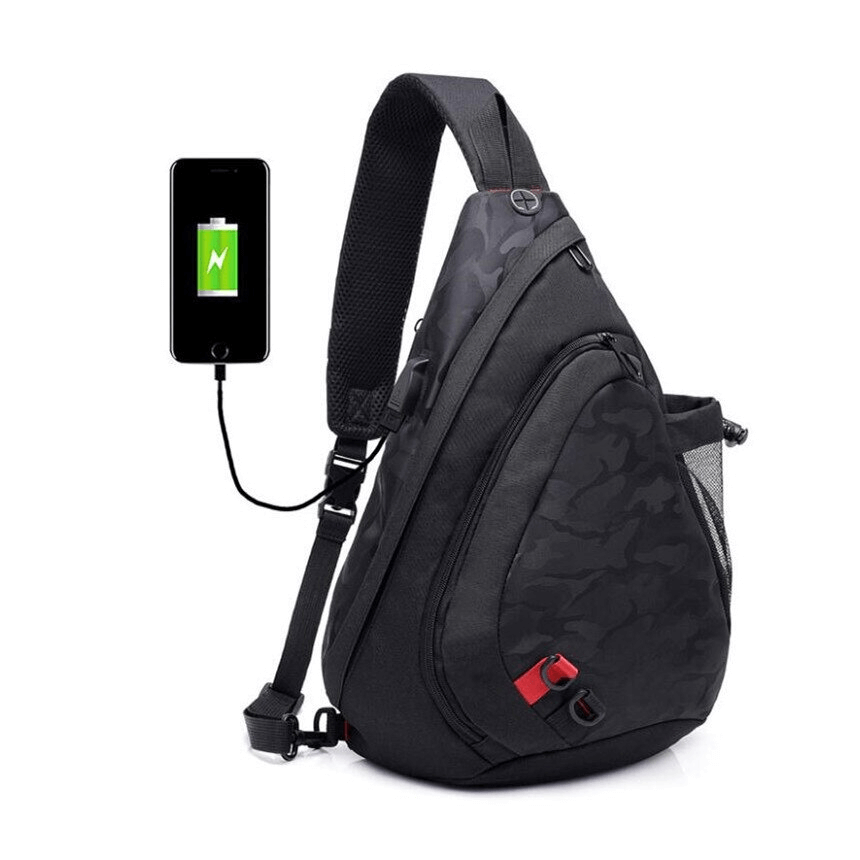 Men's waterproof camouflage crossbody bag with multiple pockets and charging port, model SF1266